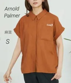 アーノルドパーマー シャツ　半袖 ブラウン リネン　麻　リゾート　ロゴ　Sのサムネイル