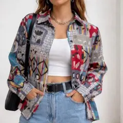 90s〜00s 総柄デザインシャツ 長袖 アート柄 個性派 ユニセックス 白タグ