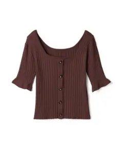 フロントボタンフレア袖リブトップス☆ブラウン