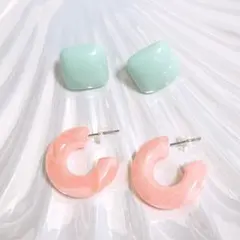 【I30】ピアス2ペア☆スクエア＆フープ型 水色＆ピンクセット