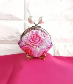 財布　がま口　ポーチ　アクセサリーケース　ハンドメイド　薔薇柄