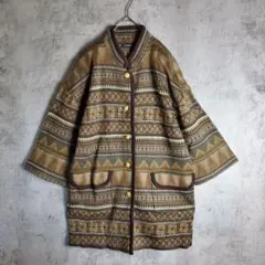 【ヴィンテージ】古着 ニットカーディガン 金ボタン 総柄 茶 カーキ 緑 レトロ