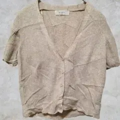 ✨トレンドの短丈✨Elodie 半袖 リブカーディガン ベージュ クロップド