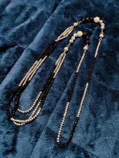 黒と銀のビーズロングネックレス磁石付きアレンジ可能