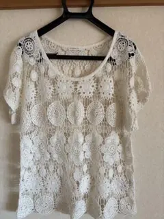ホワイト レース編み 半袖トップス M