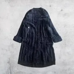 80s vintage ロングニットコート アランニット ダークグレー