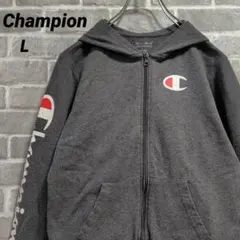 【Champion】ジップアップパーカー チャコールグレー 袖ロゴ US古着
