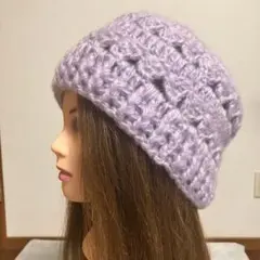 パープル　紫　ラベンダー　モヘア調　ふわふわ　ニット帽　ハット　手編み　模様