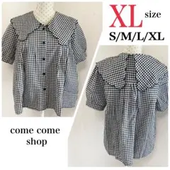 新品★ ギンガムチェックブラウス 半袖 XL 黒×白 ビックカラー ショート丈