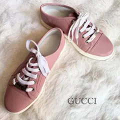 美品 GUCCI ロゴプレート レザー スニーカー ピンク 22.5cm