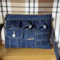 デニムリメイクフリルファスナーサコッシュショルダーバッグ