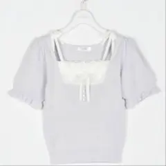 evelyn 胸元レースラメニット トップス 半袖 ブルー 青のサムネイル