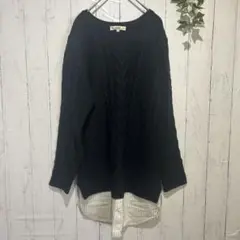 【オゾック】 ケーブル編みニット シャツ レイヤード風 チュニック丈　38 紺のサムネイル