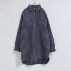 シャツジャケット　羽織　裏起毛　ストライプ　綿100　ミドル丈　防寒　長袖　М