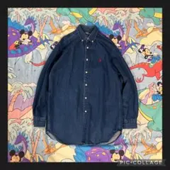 90s ラルフローレン デニムシャツ　BDシャツ　刺繍ロゴ　赤ポニー　L 古着