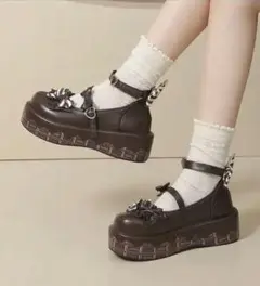 TieMei 茶色　風厚底 リボン付き レディースロリータ　ロリィタチョコレート