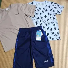 ペンギン柄140 ベージュTシャツ130 ハーフパンツ140　まとめて3点セット