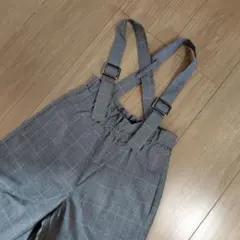 キッズ　サスペンダー付きグレー系チェックパンツ　110cm