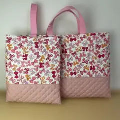 入園入学2点セット　レッスンバッグ　上履き入れ　キルティング　リボン