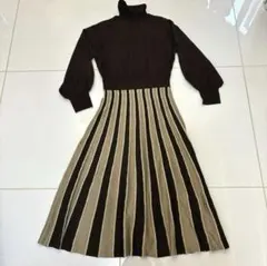 Clear Fサイズ　薄茶色とこげ茶のストライプ ニットロングワンピース