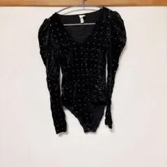 H&M ブラック ビジュー付き　 ベルベット ボディスーツ【 XSサイズ】