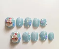 現品ネイル　シャーベットカラー　スノーマン　雪の結晶　冬ネイル