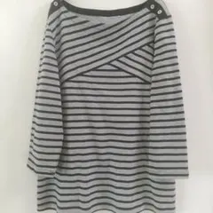 胸元のクロスボーダー 肩ボタン ストライプ五分袖カットソー ゆったり