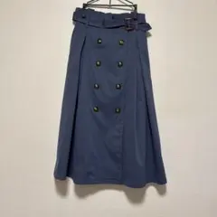ブルー ダブルボタン ベルト付き ロングスカート