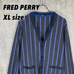 【美品•XL】フレッドペリー ストライプカーディガン 月桂樹 胸刺繍ロゴ グレー