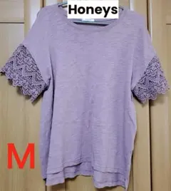 ハニーズ　袖刺繍レースTシャツ　M くすみピンク　綿100%