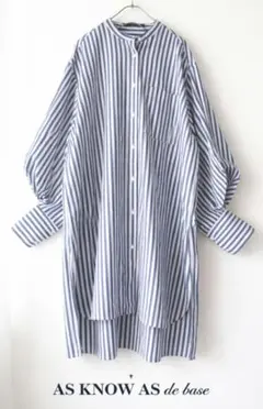 アズノゥアズ 変形バルーン袖ストライプシャツ バンドカラーロング丈オーバーサイズ