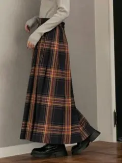 coen チェック柄プリーツロングスカートL