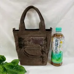 ハンドバッグ　ミニ　小　ブラウン　デニムリメイク　ハンドメイド　茶　トートバッグ