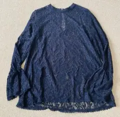 ZARA BASIC ネイビー レース 長袖ブラウス　L