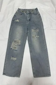 ボタンタック デニムパンツ デニムワイドレッグ ダメージ加工