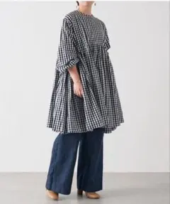 美品 ビアズリー 先染めギャザーワンピース ギンガムチェック 洗える