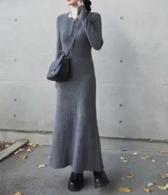 美品　LAULEN ヘンリーネック ロングリブワンピース　チャコールグレー