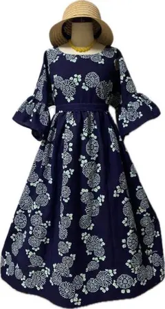 浴衣反物リメイクワンピース 紺地　菊柄