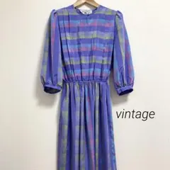 レトロ ヴィンテージ チェック パフスリーブ ワンピース