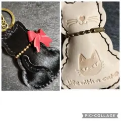本革ヌメ革ハラコ黒猫キーホルダーキーリングハンドメイドレザークラフト牛革⑥