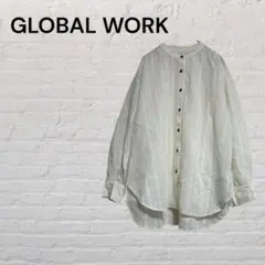 GLOBAL WORK ストライプ ブラウス 白 バンドカラー レーヨン混 春服