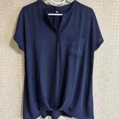 【美品】フロントタック ブラウス 半袖 ネイビー LL 濃紺 体型カバー 上品のサムネイル