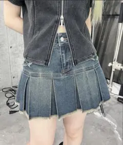 Figments プリーツヘムフリンジデニムミニスカート