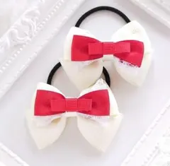 SALE (241)リボン プレゼント ヘアゴム♡ ハンドメイド 白 赤