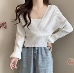 レディース　オフショル　トップス　白　ホワイト　リブ　無地　長袖　バックリボン
