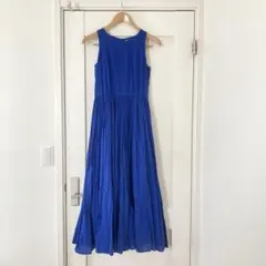 美品 アナイ ANAYI キュプラローンVネックワンピース ブルー 36 ロング