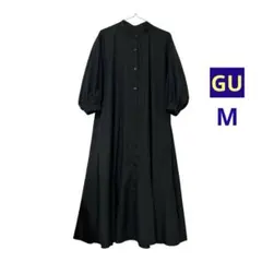 GU バンドカラーシャツワンピース 7分袖 ブラック ロングワンピース
