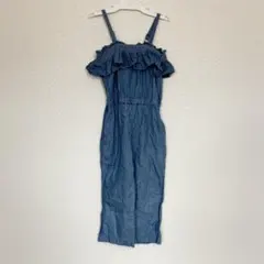 プティマイン　デニムブルー フリルオーバーオール　ブルー