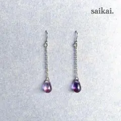 [091]チェコガラスドロップのフックピアス ピンク パープル ハンドメイド