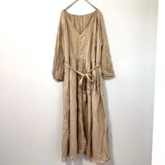 ◉全日本婦人子供…　Vネックワンピース　ボタンアップ　長袖　F　ベージュ